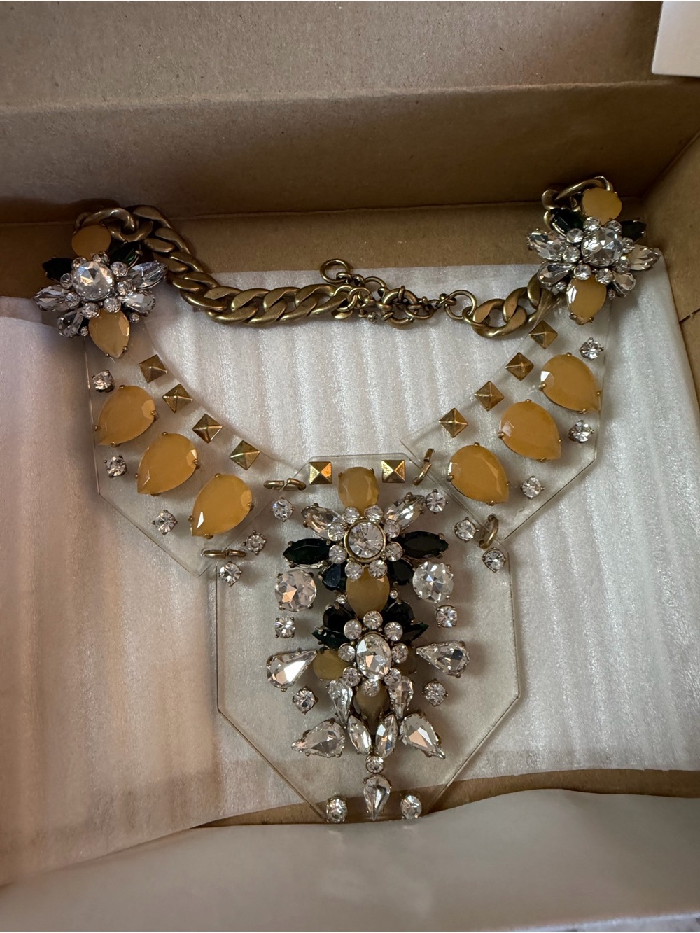 J. Crew Yellow and Clear Crystal Statement Bib Necklace